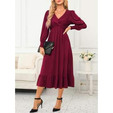 Dokotoo Fall Dresses for Women 2024 Wedding Guest Fashion Casual V-Neck Long Sleeve Empire Waist Dress Pockets Ruched Flowy Maxi Dress Red Medium