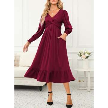 Dokotoo Fall Dresses for Women 2024 Wedding Guest Fashion Casual V-Neck Long Sleeve Empire Waist Dress Pockets Ruched Flowy Maxi Dress Red Medium