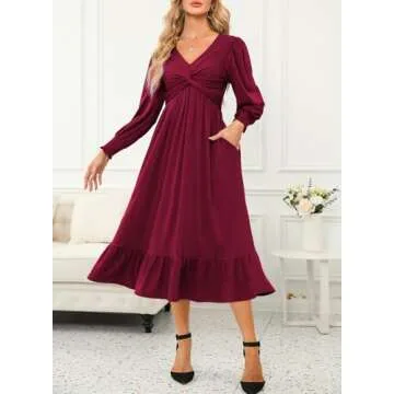 Dokotoo Fall Dresses for Women 2024 Wedding Guest Fashion Casual V-Neck Long Sleeve Empire Waist Dress Pockets Ruched Flowy Maxi Dress Red Medium