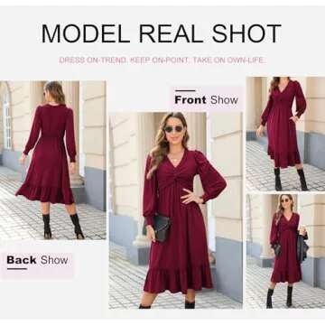 Dokotoo Fall Dresses for Women 2024 Wedding Guest Fashion Casual V-Neck Long Sleeve Empire Waist Dress Pockets Ruched Flowy Maxi Dress Red Medium
