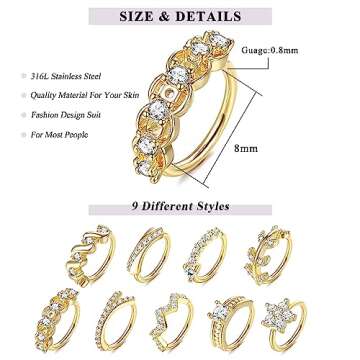 UBGICIG 9Pcs 20G Stainless Steel Nose Rings Hoop for Women Men Paved CZ Cute Cartilage Helix Earring...