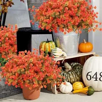 Fall Decor, Fake Mums, 12 Bundles Fall Flowers, UV Resistant Artificial Mums for Outdoors, Faux Mums for Outside,Fall Flowers Plants Artificial for Decoration For Home Porch Thanksgiving,Green Orange