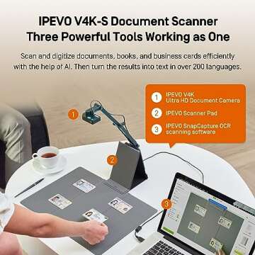 IPEVO V4K-S Document Scanner with AI and OCR for Scanning and Digitization of Books, Business Cards,...