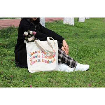 Kimoli Canvas Tote Bag with Inner Pocket Aesthetic Reusable Grocery Shopping Bags Shoulder Bag Book Tote Gifts (Style-E)