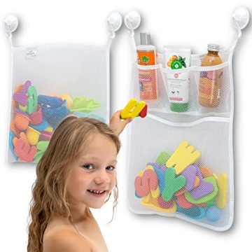 2 x Mesh Bath Toy Organizer + 8 Ultra Strong Hooks – The Perfect Bathtub Toy Holder & Bathroom or ...