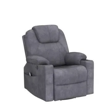 OUINCH Manual Swivel Glider Rocker Recliner Chair with Massage and Heat, 2 USB Ports, 2 Cup Holders, 2 Side Pockets and 2 Front Pockets, Fabric (Grey)