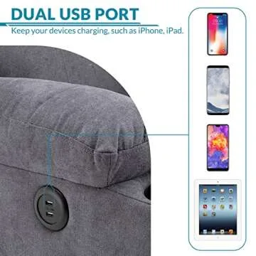 OUINCH Manual Swivel Glider Rocker Recliner Chair with Massage and Heat, 2 USB Ports, 2 Cup Holders, 2 Side Pockets and 2 Front Pockets, Fabric (Grey)