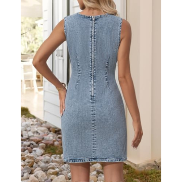 NENONA Womens Sleeveless Bodycon Denim Mini Dress Casual Stretchy Waist Tucks Tank Jean Dresses,Greyblue,S