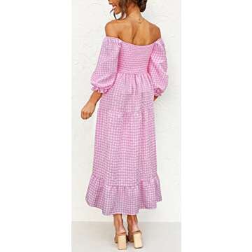 UIMLK Women's Boho Flowy Cottagecore Puff Sleeve Off The Shoulder Summer Casual Plaid Ruffle Midi Lo...