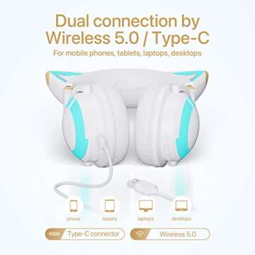 YOWU Cat Ear Headphones 3G, RGB Wireless/Wired 5.0 Foldable Gaming Headset with 7.1 Surround Sound, Built-in Mic & Customizable Lighting and Effect via APP, Type-C Charging Audio Cable(White)