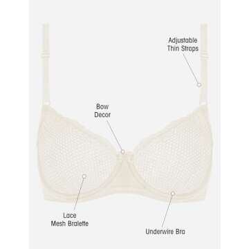 Wingslove Women's Sexy 1/2 Cup Lace Bra Balconette Mesh Underwired Demi Shelf Bra Unlined See Through Bralette (Ivory,36D)