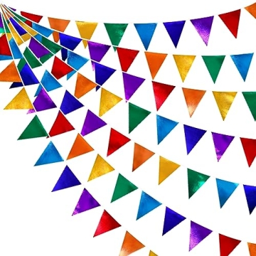 Rainbow Party Decorations: Colorful Metallic Fabric Triangle Pennant Banner for Celebrations and Eve...