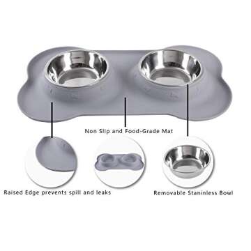 Hubulk Pet Dog Bowls 2 Stainless Steel Dog Bowl with No Spill Non-Skid Silicone Mat + Pet Food Scoop Water and Food Feeder Bowls for Feeding Small Medium Large Dogs Cats Puppies (Medium, Gray)