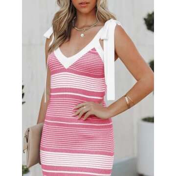Saodimallsu Womens Summer Midi Bodycon Sweater Dress Sexy V Neck Tie Shoulder Striped Knit Side Slit Sleeveless Tank Dresses Rose Red