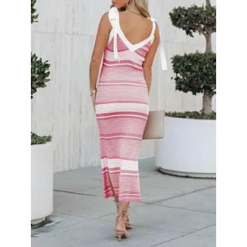 Saodimallsu Womens Summer Midi Bodycon Sweater Dress Sexy V Neck Tie Shoulder Striped Knit Side Slit Sleeveless Tank Dresses Rose Red