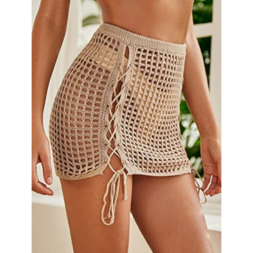 SOLY HUX Women's Elastic Waist Tassel Crochet Beach Cover Up