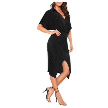 Floerns Women's Short Sleeve V Neck Twist Front Split Midi Dress Black-2 S