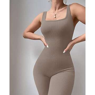 Picaurshe Women Yoga Rompers Sleeveless Workout Ribbed Square Neck Long Sport Tank Bodycon Jumpsuits