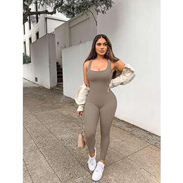 Picaurshe Women Yoga Rompers Sleeveless Workout Ribbed Square Neck Long Sport Tank Bodycon Jumpsuits