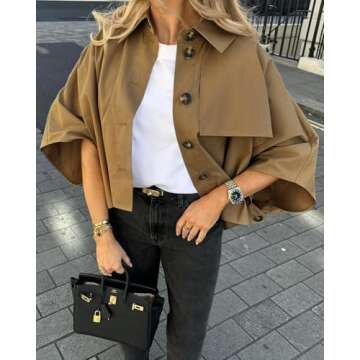 Cicy Bell Womens Oversized Cropped Trench Coats Single Breasted 3/4 Cape Sleeve Trendy Casual Jacket...