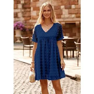 KIRUNDO Womens Summer Dresses 2024 Casual V Neck Short Sleeve Swiss Dot Ruffle Loose Flowy Mini Babydoll Dress Maternity Dress (Navy, Small)