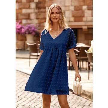 KIRUNDO Womens Summer Dresses 2024 Casual V Neck Short Sleeve Swiss Dot Ruffle Loose Flowy Mini Babydoll Dress Maternity Dress (Navy, Small)