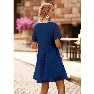 KIRUNDO Womens Summer Dresses 2024 Casual V Neck Short Sleeve Swiss Dot Ruffle Loose Flowy Mini Babydoll Dress Maternity Dress (Navy, Small)