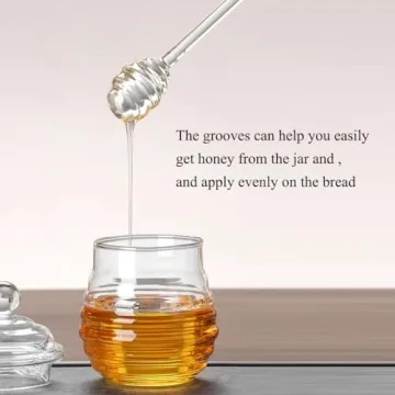 hiwafifi Glass Honey Jar with Dipper and Lid, 10oz Heat Resistant Honey Pot, Honey Diapenser Container for Storing Honey Syrup, Home and Kitchen Organization, Gifts for Her Christmas, Coffee Bar Decor
