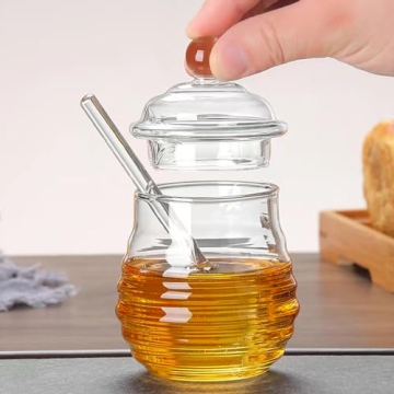 hiwafifi Glass Honey Jar with Dipper and Lid, 10oz Heat Resistant Honey Pot, Honey Diapenser Container for Storing Honey Syrup, Home and Kitchen Organization, Gifts for Her Christmas, Coffee Bar Decor