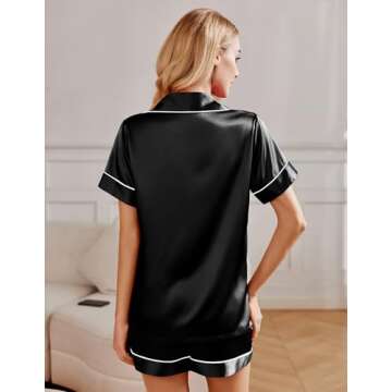 Ekouaer 2 Pack Womens Pajama Sets Silk Satin Short Sleeve Button Down Sleepwear Top and Shorts Pjs Lounge Set,Black White,M