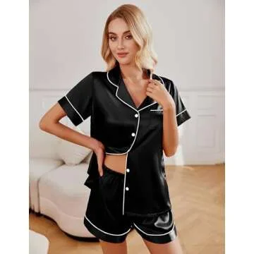 Ekouaer 2 Pack Womens Pajama Sets Silk Satin Short Sleeve Button Down Sleepwear Top and Shorts Pjs Lounge Set,Black White,M