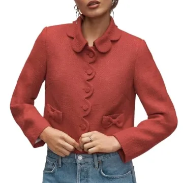 Women's Petal Bow Tweed Blazers Long Sleeve Cropped Jacket Tops Fall Open Front Office Work Blazer C...