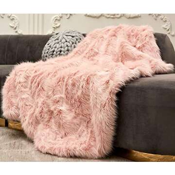 Pink Faux Fur Throw Blanket, Luxury Modern Blush Home Throw Blanket, Super Warm, Fuzzy, Elegant, Fluffy Thick Heavy Decoration Blanket Scarf for Sofa, Couch and Bed, 50''x 60''