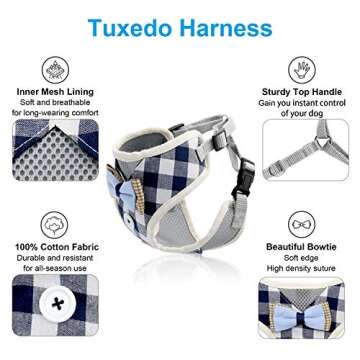 Bark Lover Small Puppy Harness with Bowtie, Adjustable Dog Vest Mesh Tuxedo Harness for Small Dog Kitten, Perfect for Party Wedding Holiday (S, Blue Plaid)
