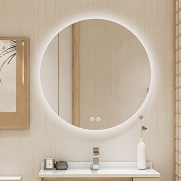 BuLife 24 Inch Round LED Bathroom Mirror - Modern Anti-Fog Design with Adjustable Lighting