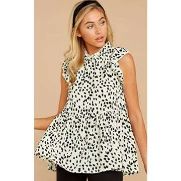 Angashion Women's Tops Casual Floral Print Cap Sleeve Ruffle Neck Loose Babydoll Shirt Blouse Tunic Top White 2XL