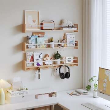 SZYOUYUE Nursery Bookshelves Wall Mounted，34inch，Set of 3, Floating Shelf Kids Coat Rack with 6H...