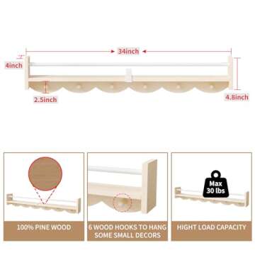 SZYOUYUE Nursery Bookshelves Wall Mounted，34inch，Set of 3, Floating Shelf Kids Coat Rack with 6Hooks,Hanging Shelf for Baby Nursery Room Décor, Patent Number: 29924445,Burlywood