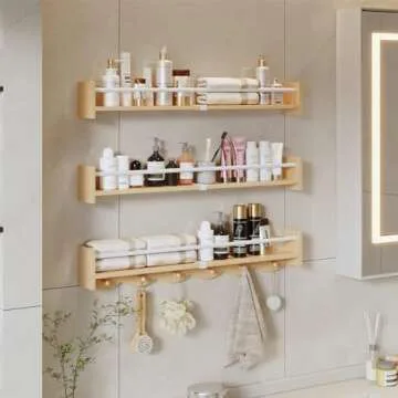 SZYOUYUE Nursery Bookshelves Wall Mounted，34inch，Set of 3, Floating Shelf Kids Coat Rack with 6Hooks,Hanging Shelf for Baby Nursery Room Décor, Patent Number: 29924445,Burlywood