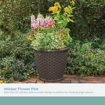 Suncast 22" Sonora Resin Wicker Planter Contemporary Lightweight Flower Pot for Indoor and Outdoor Use, Home, Yard, or Garden, Set of 2, Java