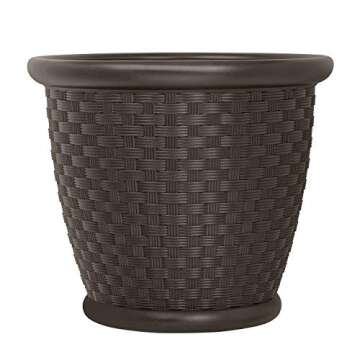 Suncast 22" Sonora Resin Wicker Planter Contemporary Lightweight Flower Pot for Indoor and Outdoor Use, Home, Yard, or Garden, Set of 2, Java