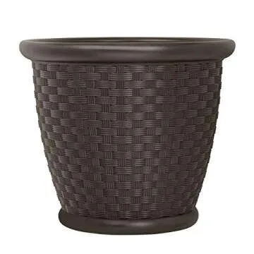 Suncast 22" Sonora Resin Wicker Planter Contemporary Lightweight Flower Pot for Indoor and Outdoor Use, Home, Yard, or Garden, Set of 2, Java