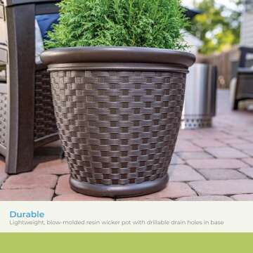 Suncast 22" Sonora Resin Wicker Planter Contemporary Lightweight Flower Pot for Indoor and Outdoor Use, Home, Yard, or Garden, Set of 2, Java