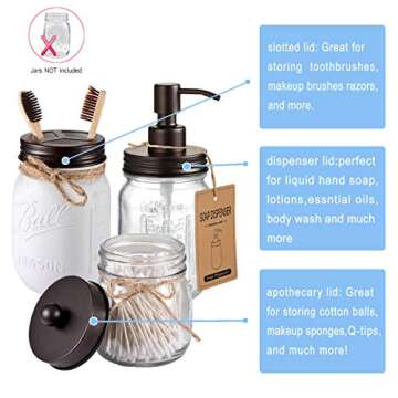 Jar Bathroom Accessories Lids Set(4pcs) - Jar Not Included - Soap Dispenser,Toothbrush Holder,and Apothecary Storage Jars Lids for Regular Mouth Mason Jars - Rustproof Stainless Steel，Bronze