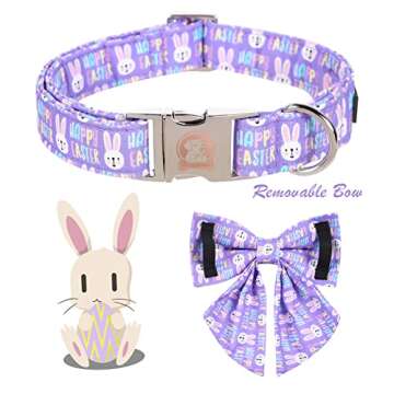 MR. CHUBBYFACE Easter Dog Collar Purple Rabbit Dog Collar with Flower Adjustable Dog Collar Bowtie f...