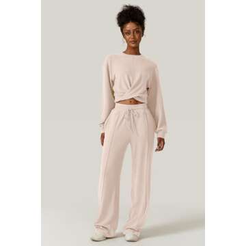 QINSEN Women 2 Piece Tracksuit Twist Front Cropped Tops Full Length Wide Leg Sweatpants Outfits Sweatsuit Beige S