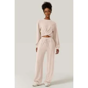 QINSEN Women 2 Piece Tracksuit Twist Front Cropped Tops Full Length Wide Leg Sweatpants Outfits Sweatsuit Beige S