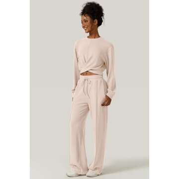 QINSEN Women 2 Piece Tracksuit Twist Front Cropped Tops Full Length Wide Leg Sweatpants Outfits Sweatsuit Beige S