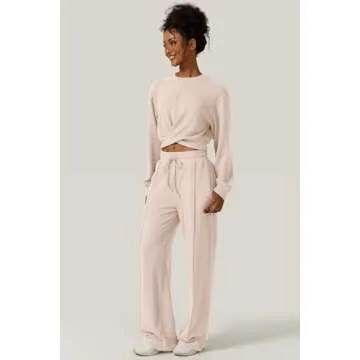 QINSEN Women 2 Piece Tracksuit Twist Front Cropped Tops Full Length Wide Leg Sweatpants Outfits Sweatsuit Beige S