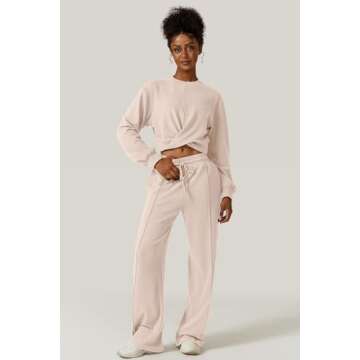 QINSEN Women 2 Piece Tracksuit Twist Front Cropped Tops Full Length Wide Leg Sweatpants Outfits Sweatsuit Beige S